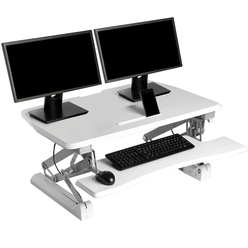Seville Classics Height Adjustable Dual Monitor Riser with Keyboard Tray & Smartphone/Tablet Stand, White