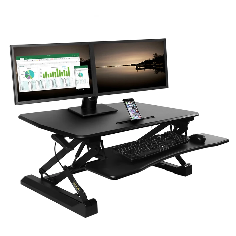 Seville Classics Height Adjustable Dual Monitor Riser with Keyboard Tray & Smartphone/Tablet Stand, Black