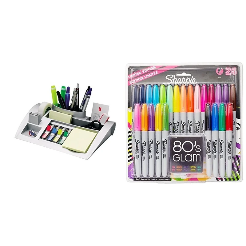 Post-it C50 Desk Organiser Set, Dispenses Post-it Notes, Index Flags and Scotch Tape - Filled and Sharpie Fine Point Permanent Marker - Assorted Colours, Pack of 24