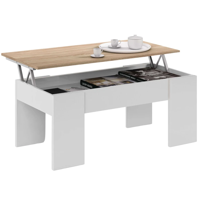 Habitdesign 0F1640A - Low Cost lifting coffee table, dining room table finished in Canadian Oak - Artik White, measures 100 cm (length) x 45-56 cm (height) x 50 cm (depth)