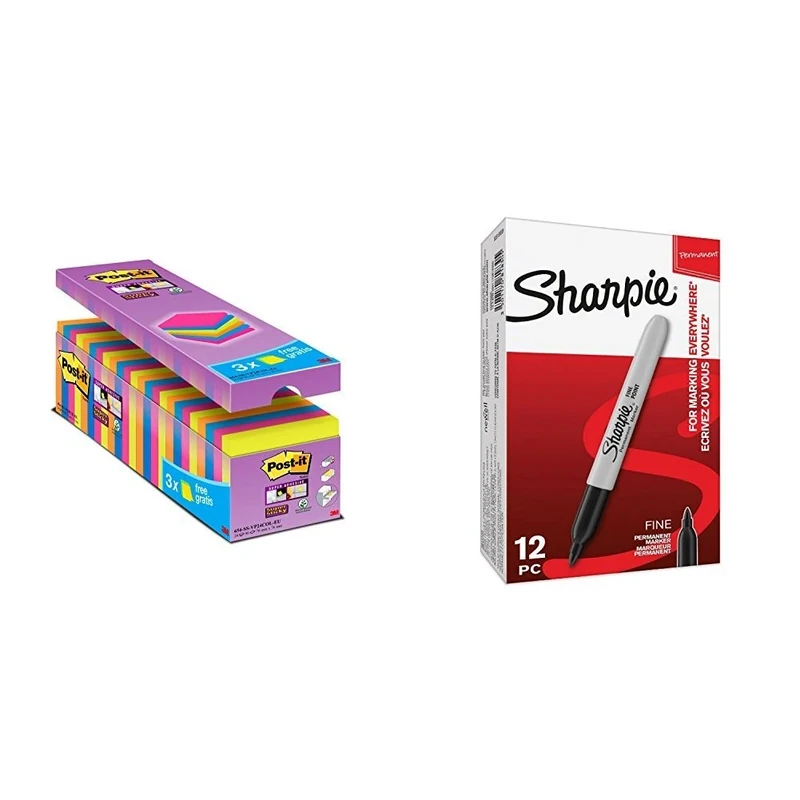 Post it Notes 76 x 76 mm Super Sticky Notes Value Pack, Assorted Colours, Pack of 24 (90 Sheets Per Pad) and Sharpie Permanent Markers, Fine Tip - Black, Box of 12 (Packaging May Vary)