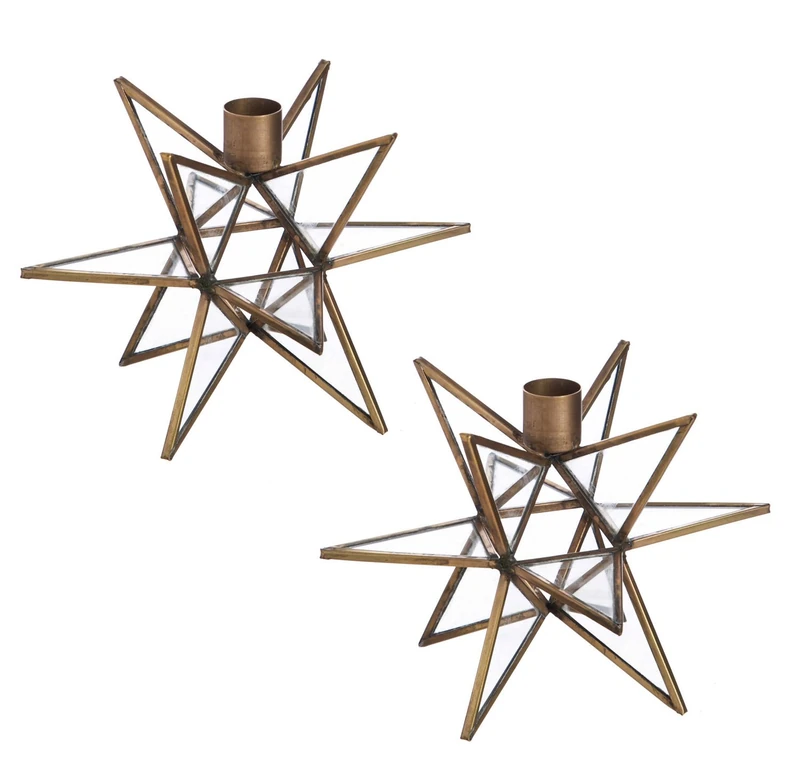 Evergreen Brass Moravian Star Taper Candle Holders | Set of 2 | 7 Inches Tall | Metal | Holiday Advent Friendsgiving Thanksgiving Christmas Table Setting Tabletop Decoration