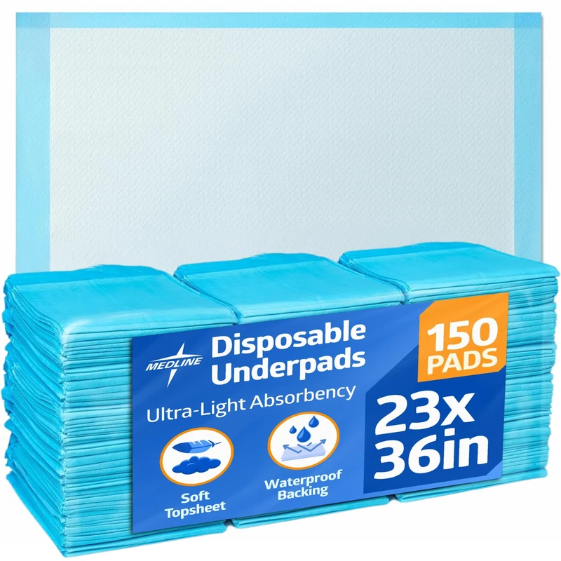 Medline Quilted Disposable Blue Underpads, 23" x 36", Light Absorbency, 150 Count