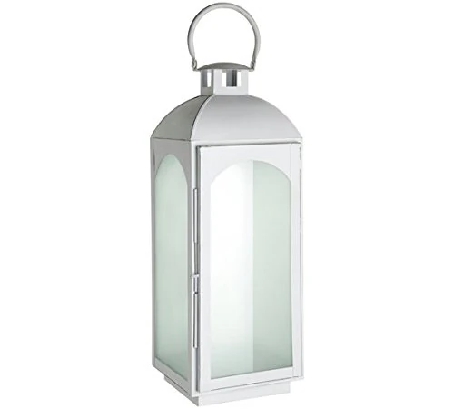 Premier Housewares Large Mild Steel Lantern White Wash Finish Frosted Glass Detail Small Size Display Pillar Candle d18 x h50 x w19 cm
