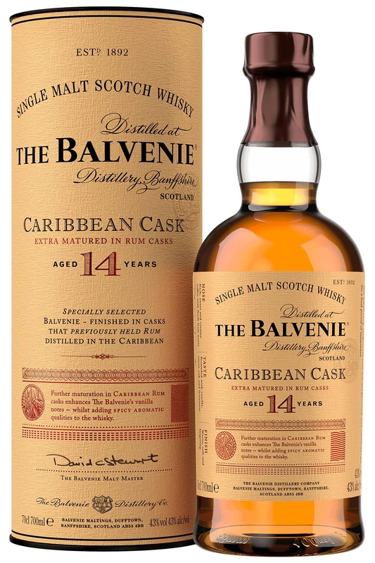 THE BALVENIE - Caribbean Cask 14 Year Old Single Malt Scotch Whisky - Extra Matured In Rum Cask - Traditional Smooth, Honeyed Character - Creamy Toffee & Fresh Fruit Notes - 43% ABV - 70 cl