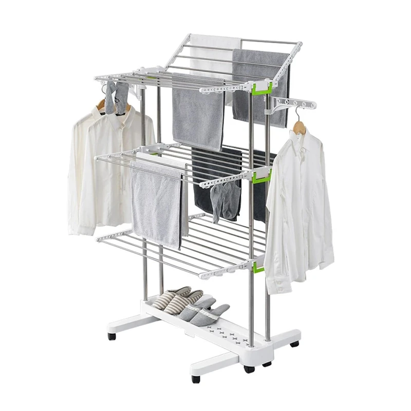 Newerlives BR505 3-Tier Collapsible Clothes Drying Rack with Casters, Laundry Drying Rack, Stainless Steel Hanging Rods, Indoor & Outdoor Use