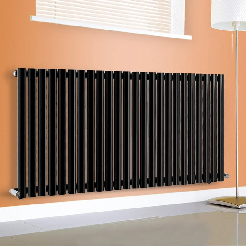 NRG 600mm x 1416mm Horizontal Oval Column Designer Radiator Black Single Panel Luxury Central Heating Radiators