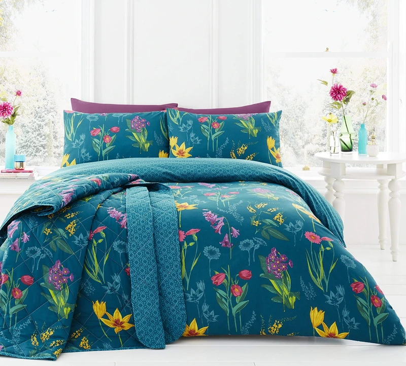 Dreams & Drapes - Ingrid Floral Print Reversible Duvet Cover Set, Teal,2 pieces, Single