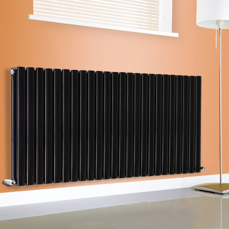 NRG 600mm x 1416mm Horizontal Oval Column Designer Radiator Black Double Panel Luxury Central Heating Radiators