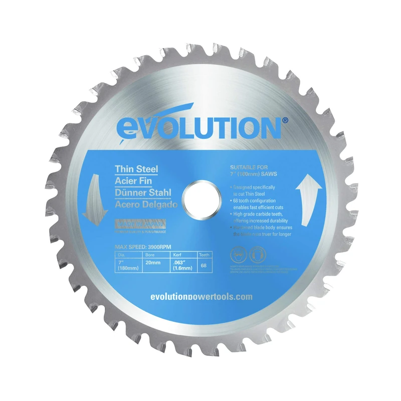 Evolution Power Tools T180TCT-68CS Circular Saw Blade - Carbide Tipped Metal Blade for Thin Steel, 180 mm