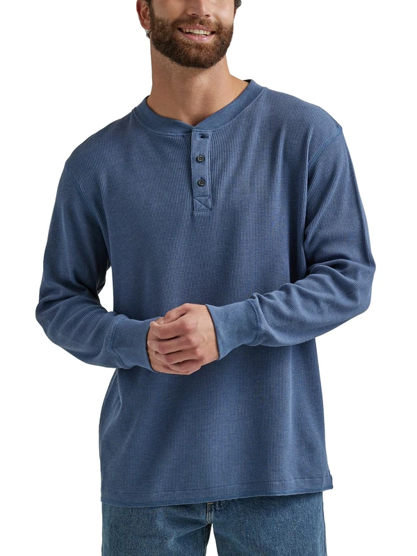 Wrangler Authentics Men's Long Sleeve Waffle Henley Shirt, Vintage Indigo, XXL