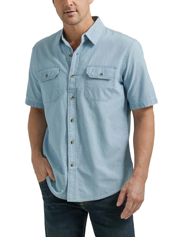 Wrangler Authentics Men's Short Sleeve Classic Woven Shirt, Light Chambray, Medium