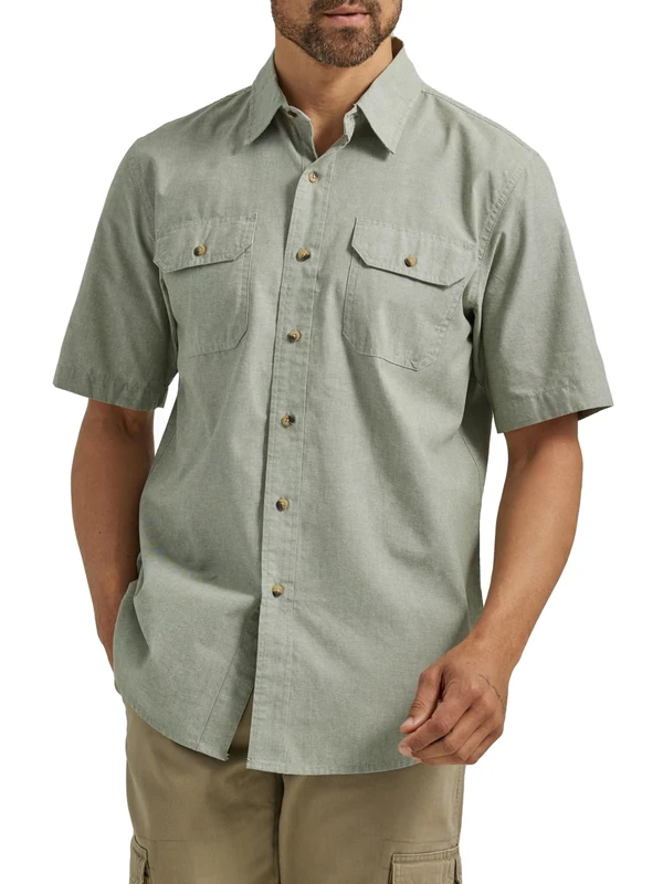 Wrangler Authentics Men's Short Sleeve Classic Woven Shirt, Sea Spray Chambray, S