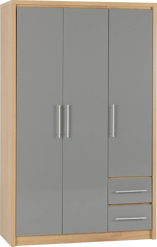 Seconique Seville 3 Door 2 Drawer Wardrobe in Grey Gloss/Light Oak Effect Veneer