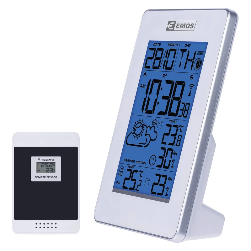 EMOS Wireless Weather Station with Radio-Controlled Clock, Indoor and Outdoor Temperature Display, Thermometer, Hygrometer, Alarm Clock, Calendar