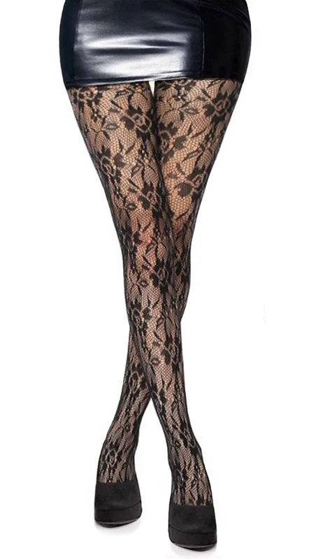 Simply Joshimo Black Floral Rose Lace Patterned Fishnet Net Tights/Pantyhose With Flowers