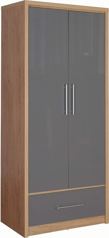 Seconique Seville 2 Door 1 Drawer Wardrobe in Grey Gloss/Light Oak Effect Veneer