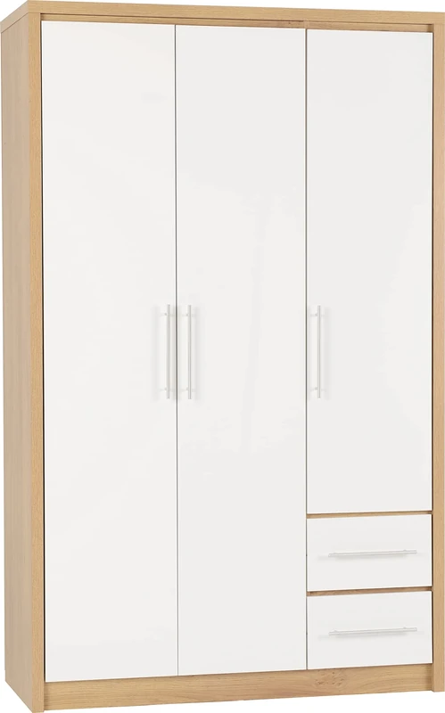 Seconique Seville 3 Door 2 Drawer Wardrobe in White Gloss/Light Oak Effect Veneer