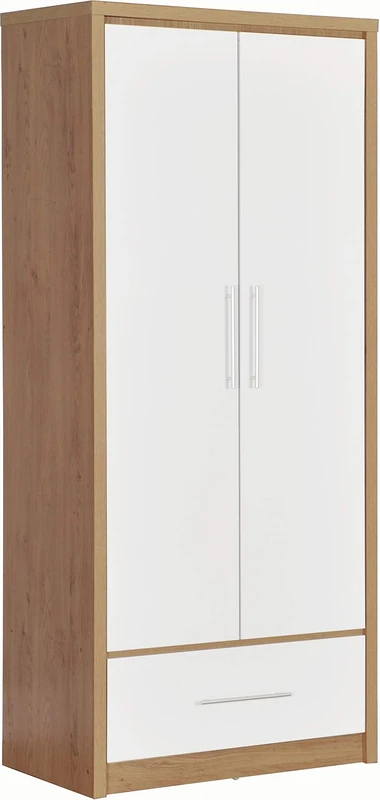 Seconique Seville 2 Door 1 Drawer Wardrobe in White Gloss/Light Oak Effect Veneer