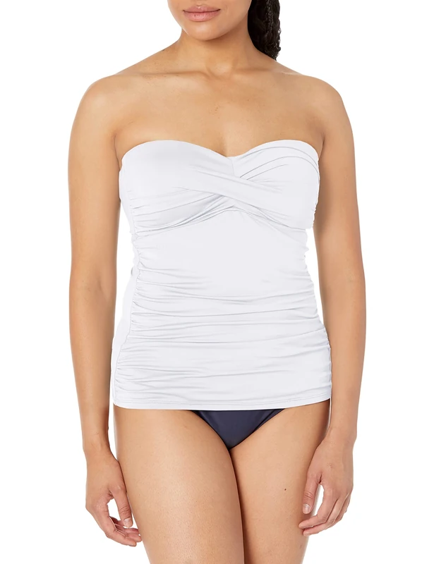 Anne Cole Women's Twist Front Shirred Bandeau Tankini Top, White, Large
