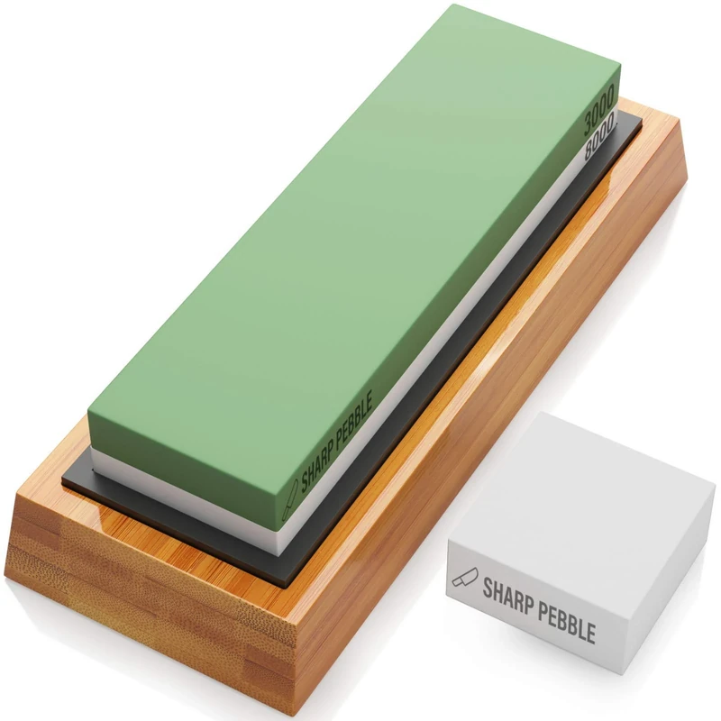 Sharp Pebble Premium Sharpening Stones 2 Side Grit 3000/8000 Whetstone - Kitchen Knife Sharpener Waterstone with Non-Slip Bamboo Base & Flattening Stone