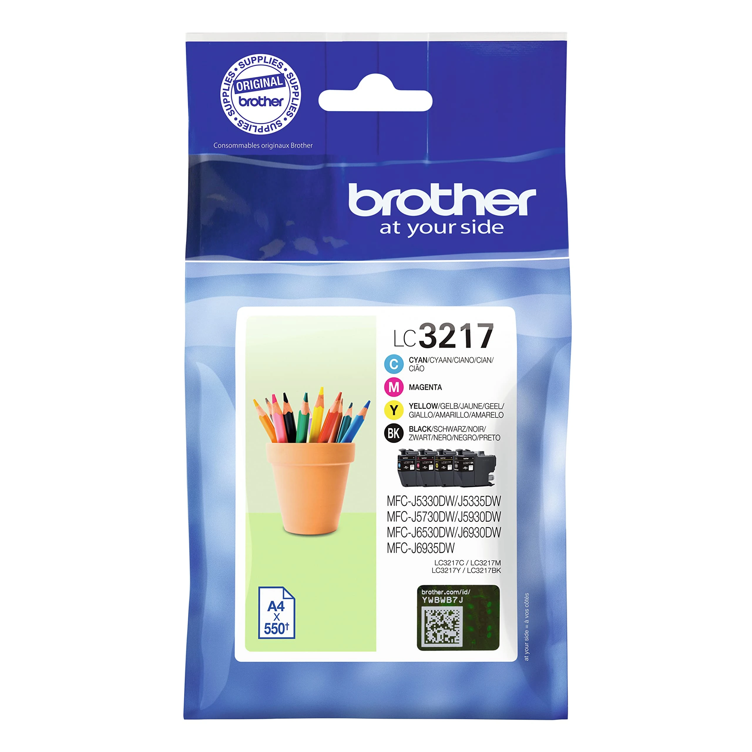 Brother LC-3217BK/LC-3217C/LC-3217M/LC-3217Y Inkjet Cartridges, Black/Cyan/Magenta/Yellow, Multi-Pack, Standard Yield, Includes 4 x Inkjet Cartridges, Brother Genuine Supplies