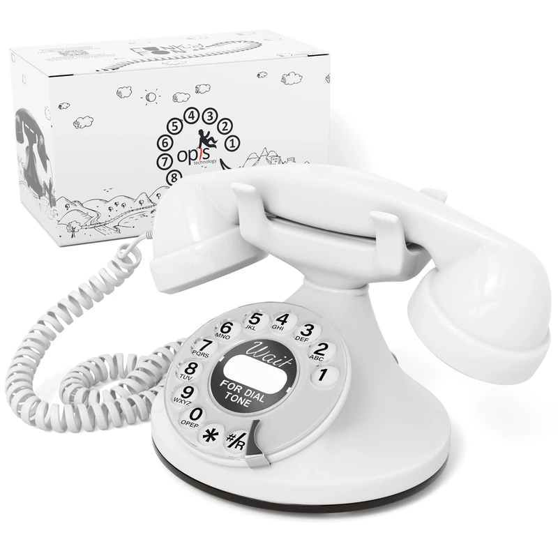 Opis FunkyFon Cable: Rotary Dial Disc Telephone in the sinuous Style of the 1920s with modern electronic Bell (white)