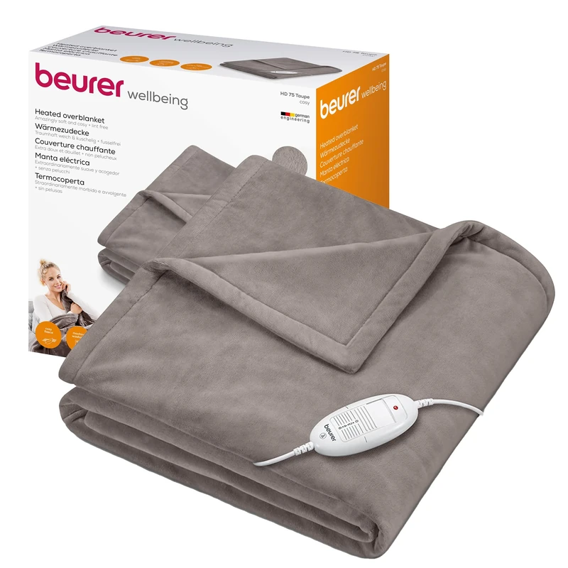 Beurer HD75 Electric Blanket with 6 Temperature Settings, Soft Heated Throw for Cosy Sofa Nights, Automatic Switch-Off & Safety System, Machine-Washable, Taupe, 180 x 130 cm, 100 watts