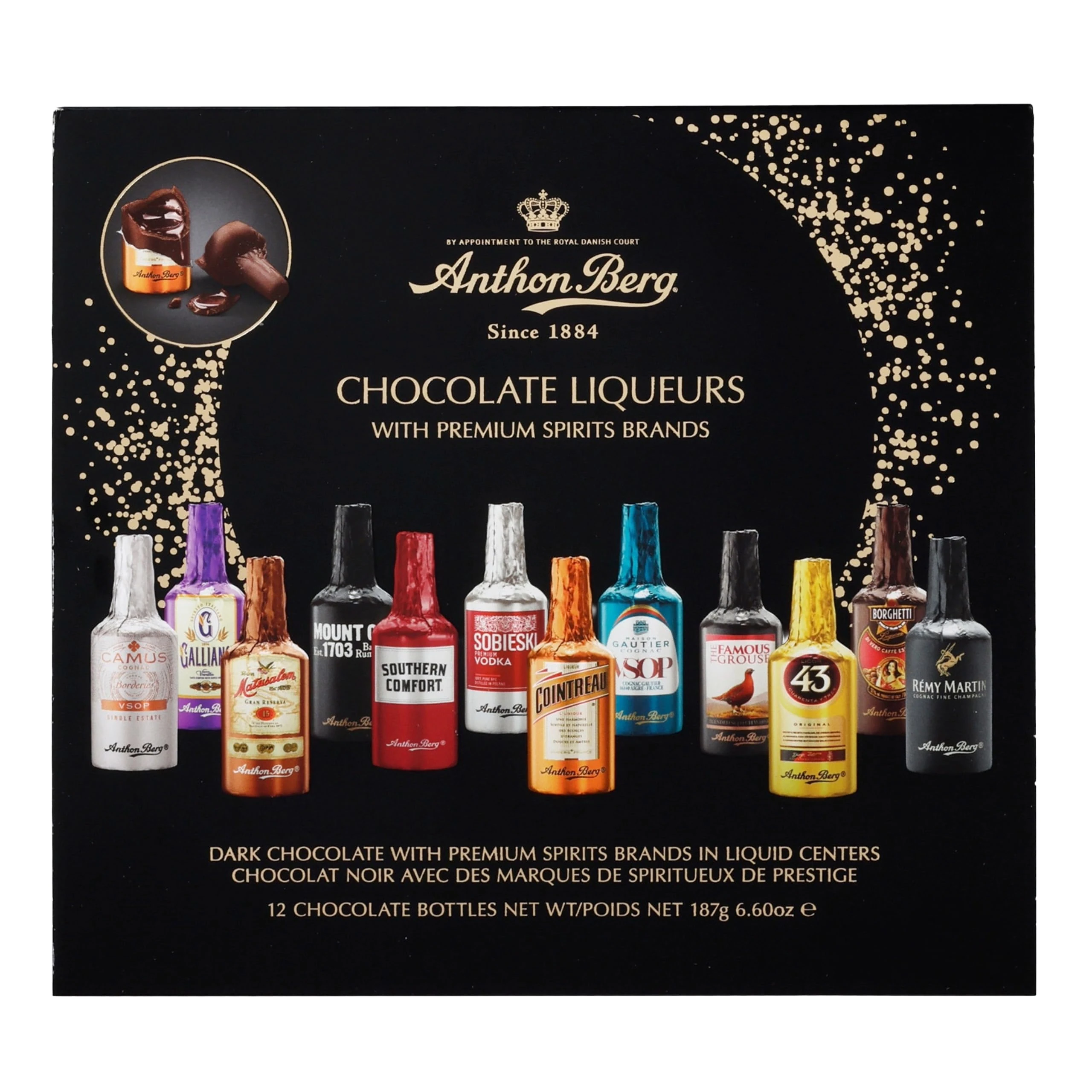 Anthon Berg 12 Chocolate Liqueurs, Famous Spirits with a Delicious Liquid Filling, 187 g (Pack of 1)