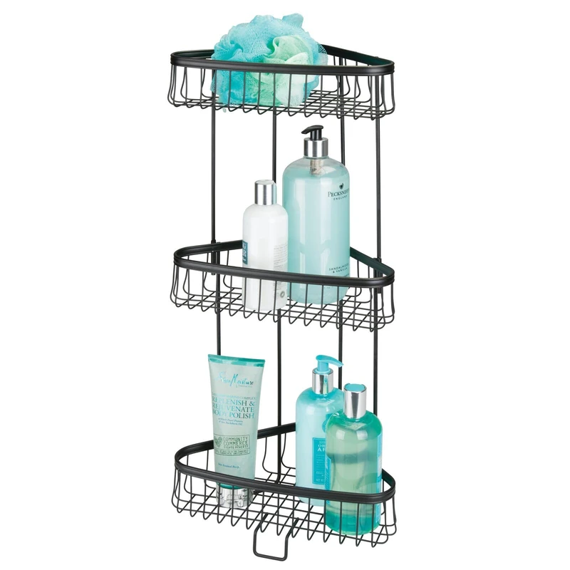 mDesign Corner Shower Stand - Practical Bathroom Trays with 3 Levels for Shampoos, Shower Gels, Towels and More - standing Shower Baskets - Matte Black