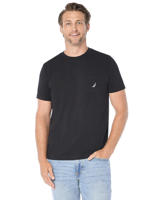 Nautica Men's Solid Crew Neck Short-Sleeve Pocket T-Shirt, True Black, XL Tall