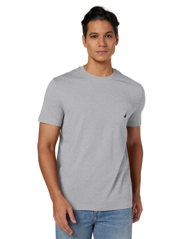 Nautica Men's Solid Crew Neck Short-Sleeve Pocket T-Shirt, Grey Heather, 2X