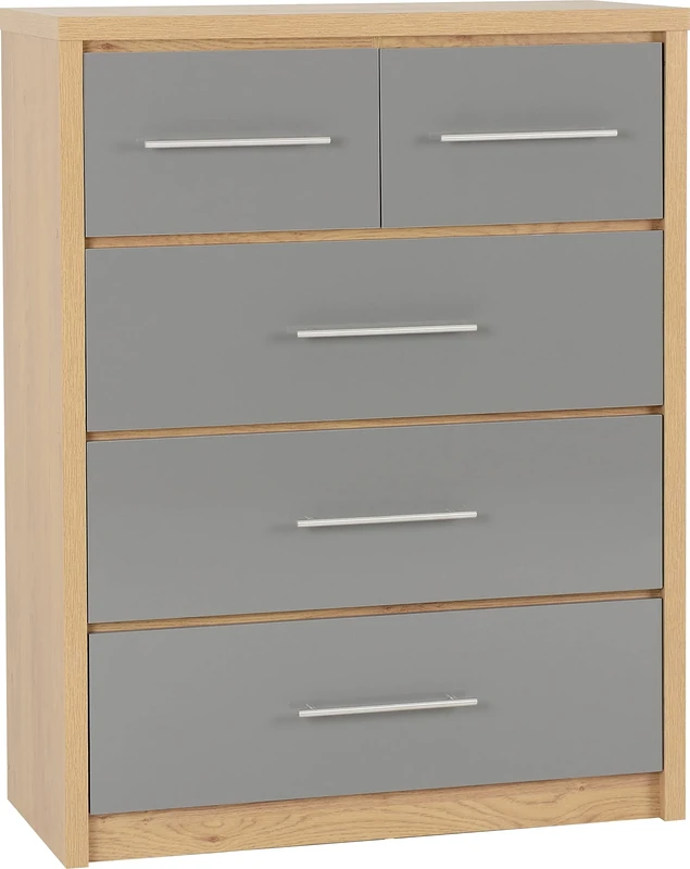 Seconique Seville 3+2 Drawer Chest in Grey Gloss/Light Oak Effect Veneer