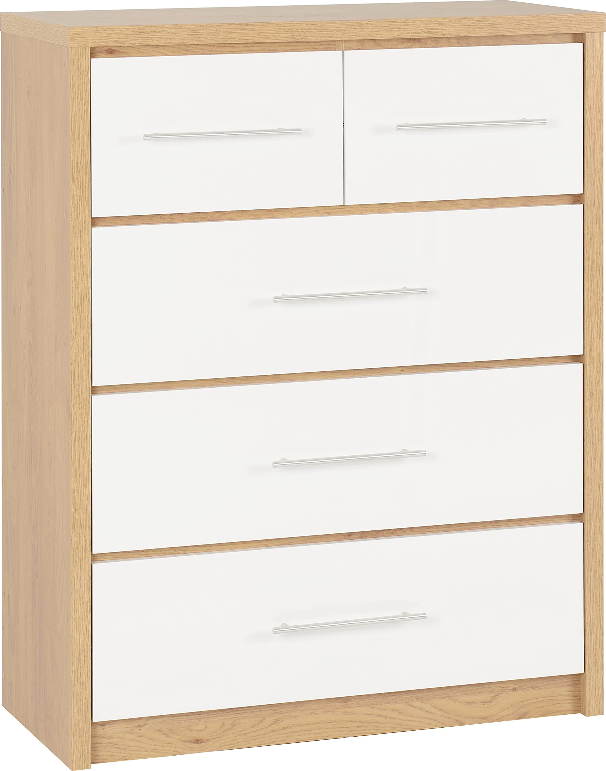 Seconique Seville 3+2 Drawer Chest in White Gloss/Light Oak Effect Veneer