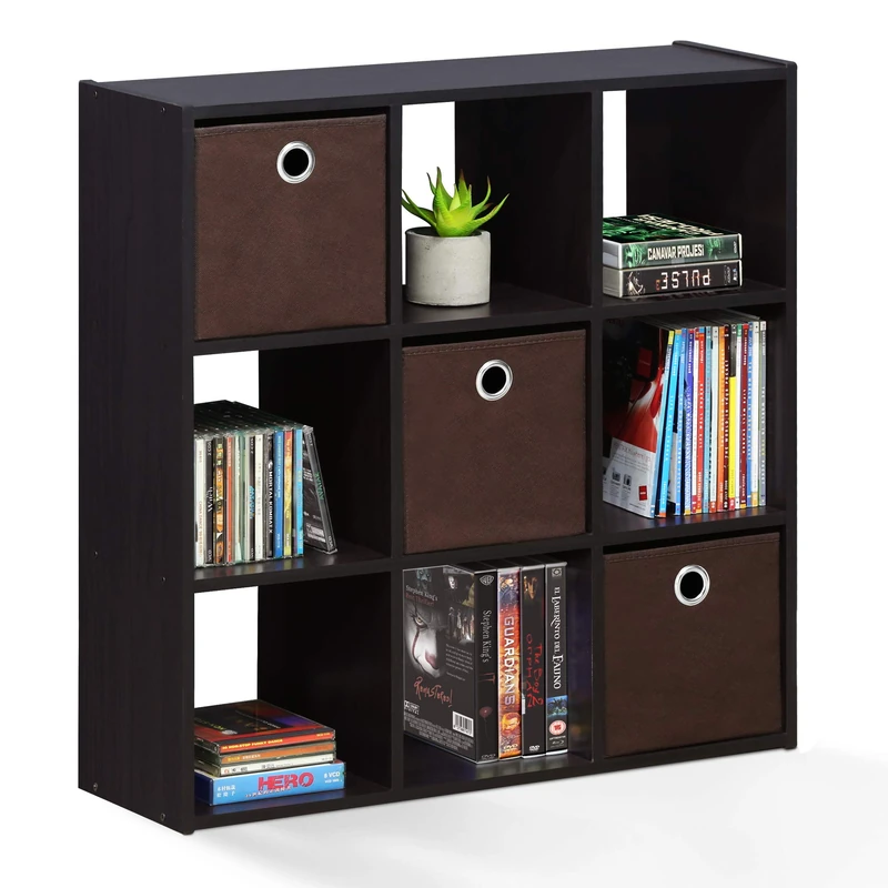 Furinno SIMPLISTIC Book Shelf, 9-Cube Bookshelf, Cube Storage Organizer Bookcase with Bins, 7.9 x 26.5 x 26.7, for Living Room, Bedroom, Home Office, Dark Walnut
