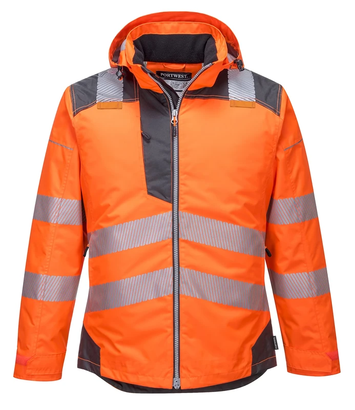 Portwest T400 Men's PW3 Lightweight Hi Vis Hooded Work Jacket Reflective Full Zip Safety Utility Quilt Lined Waterproof Workwear Orange/Black, 3X-Large