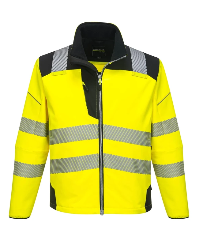 Portwest T402 Men's PW3 Hi Vis Safety Jacket - Windproof Water Resistant High Visibility Reflective Softshell Jacket Yellow/Black, Medium