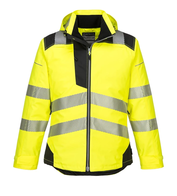 Portwest T400 Men's PW3 Lightweight Hi Vis Hooded Work Jacket Reflective Full Zip Safety Utility Quilt Lined Waterproof Workwear Yellow/Black, 3X-Large