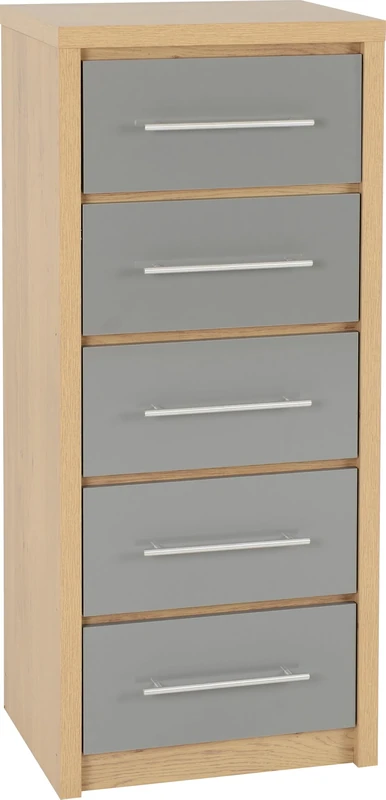 Seconique Seville 5 Drawer Narrow Chest in Grey Gloss/Light Oak Effect Veneer