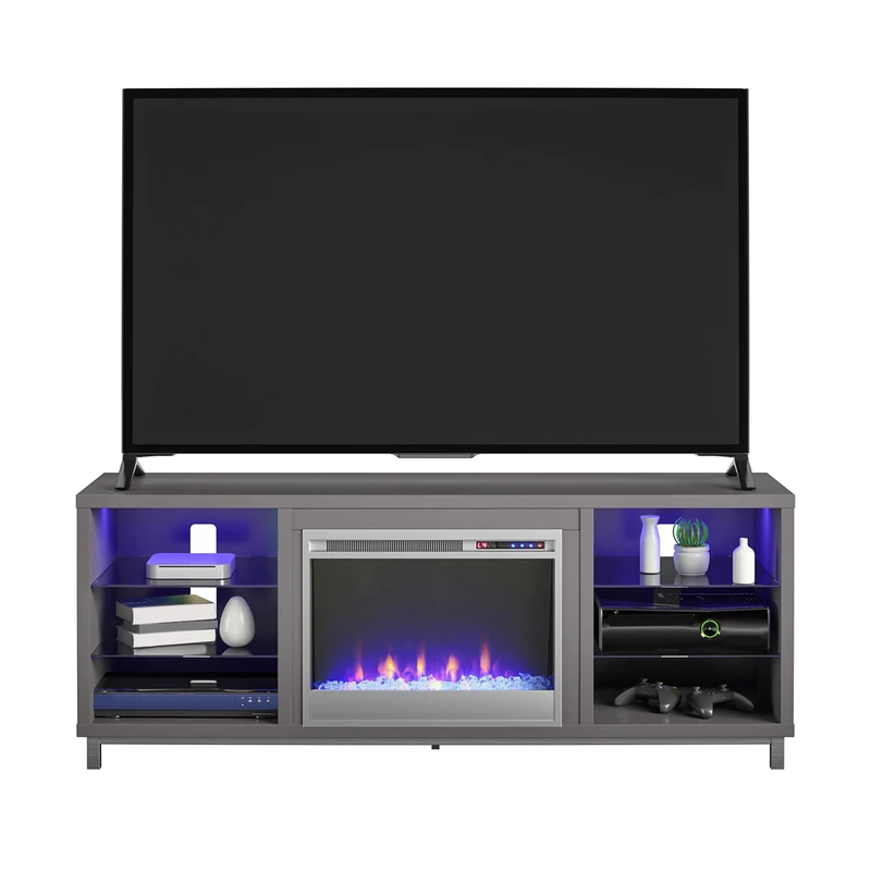 Ameriwood Home Lumina Fireplace TV Stand for TVs up to 70 Inch, Replaceable Electric Fireplace Insert Heater, Remote Control, Timer, Color Changing LED Lights, Crystal Ember Flames, Graphite Gray