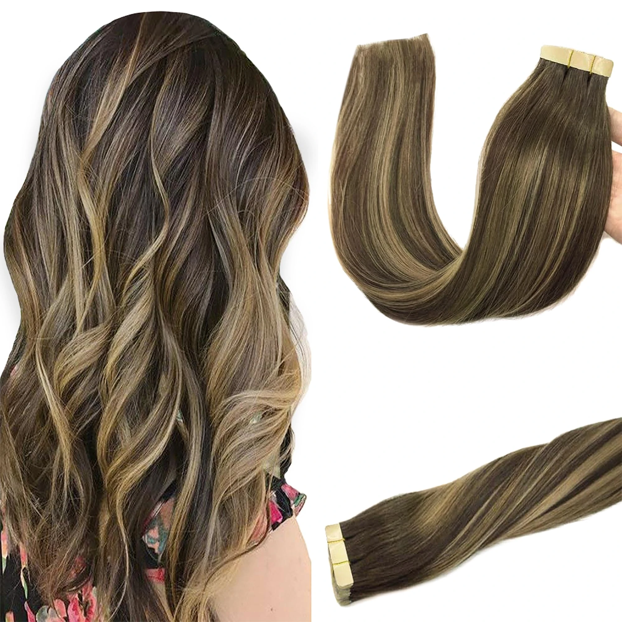 GOO GOO Tape in Hair Extensions Human Hair, 20pcs 50g 14inch, Balayage Chocolate Brown to Strawberry Blonde Real Remy Hair Extensions Seamless Straight Human Hair Extensions