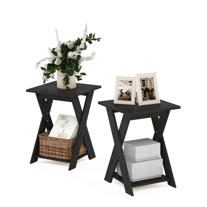 Furinno MODERN SIMPLISTIC Side Table Set of 2, End Table with X-Legs, Criss-Crossed Night Stand, Bedside Table with Open Shelf, for Living Room, Bedroom, Espresso