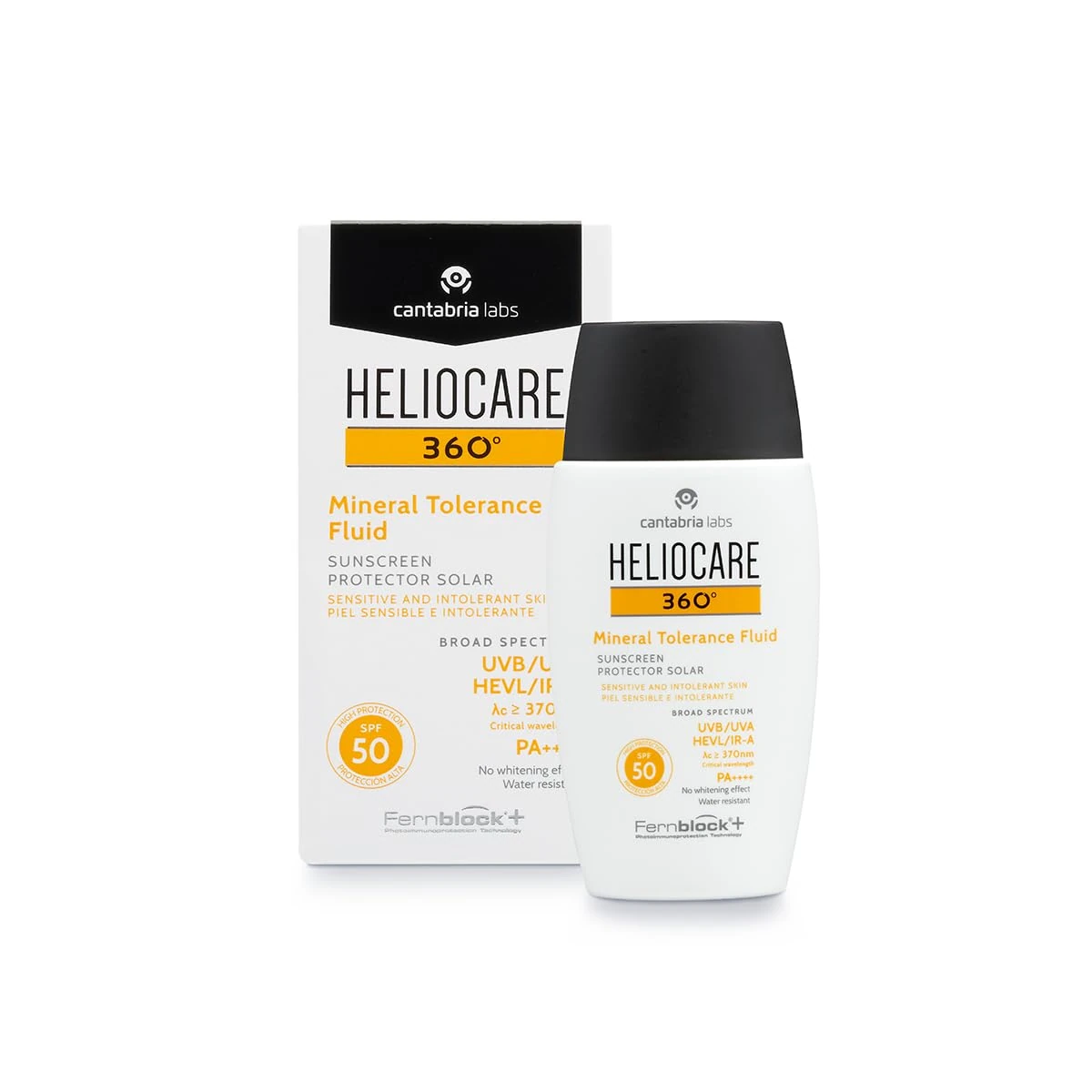Heliocare 360 Mineral Tolerance Fluid SPF50 50ml / Mineral Sunscreen For Face/Daily UVA UVB Visible Light and infrared-A Hypoallergenic Sun Protection/Silky Transparent Finish, White