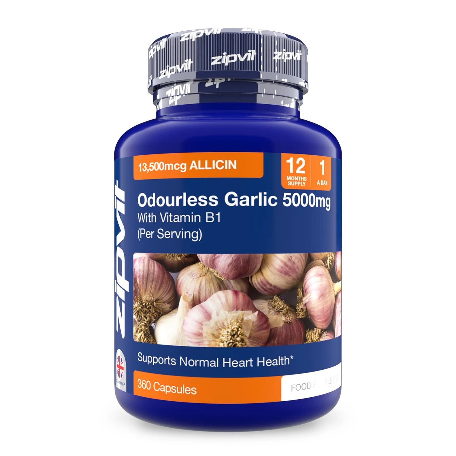 Zipvit Odourless Garlic Capsules 5000mg with Vitamin B1, Supports Heart Health, 10mg 500:1 Garlic Extract, 360 Capsules, 12 Months Supply,