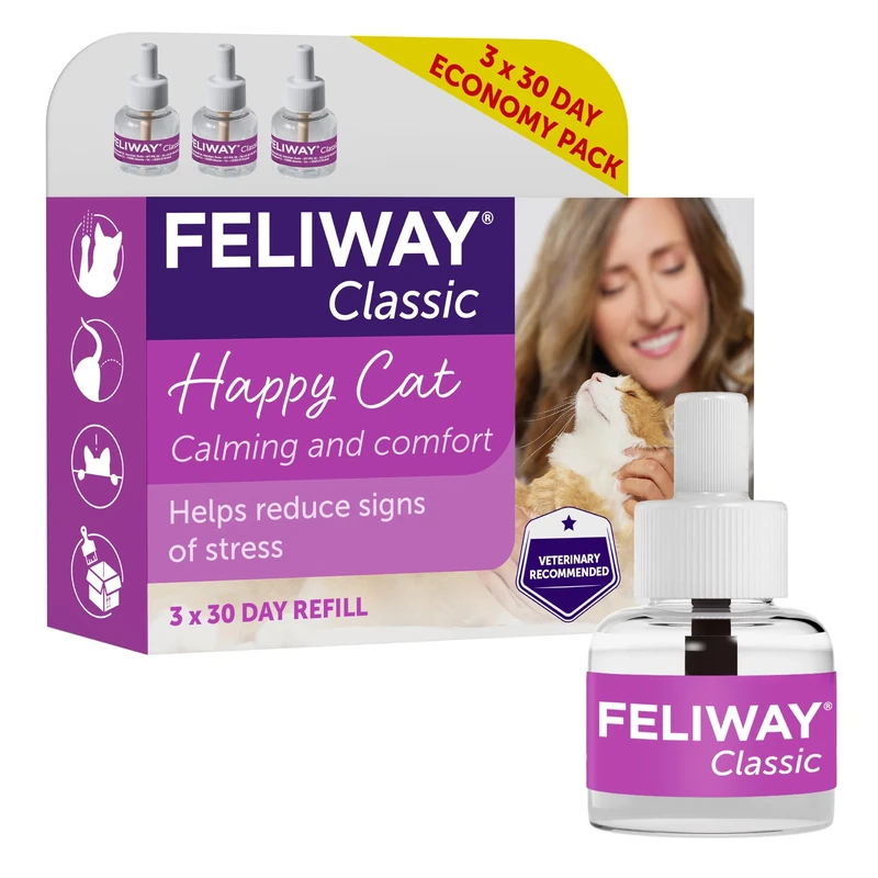 FELIWAY Classic 3 x 30 Day Cat Calming Odourless Refills for Pheromone Diffuser, 3 x 48ml - Helps Solve Common Signs of Stress in Cats & Kittens, Veterinary Recommended, Drug-free, Clinically Proven
