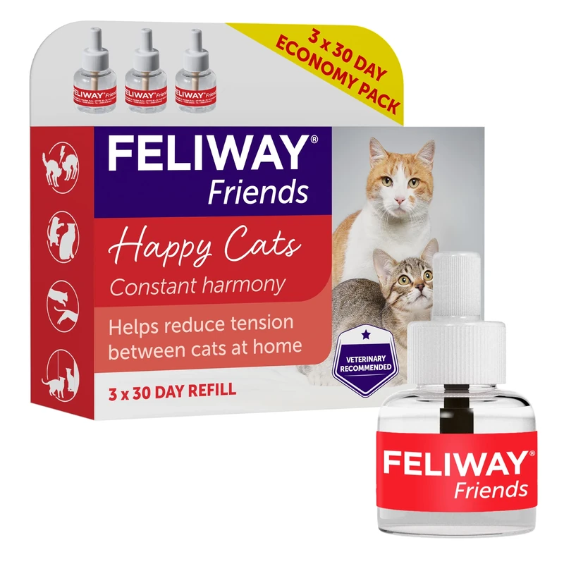 FELIWAY Friends 3 x 30 Day Cat Calming Odourless Refills for Pheromone Diffuser, 3 x 48ml - Helps create harmony and resolve conflict in multi cat households, Veterinary Recommended, Drug-free