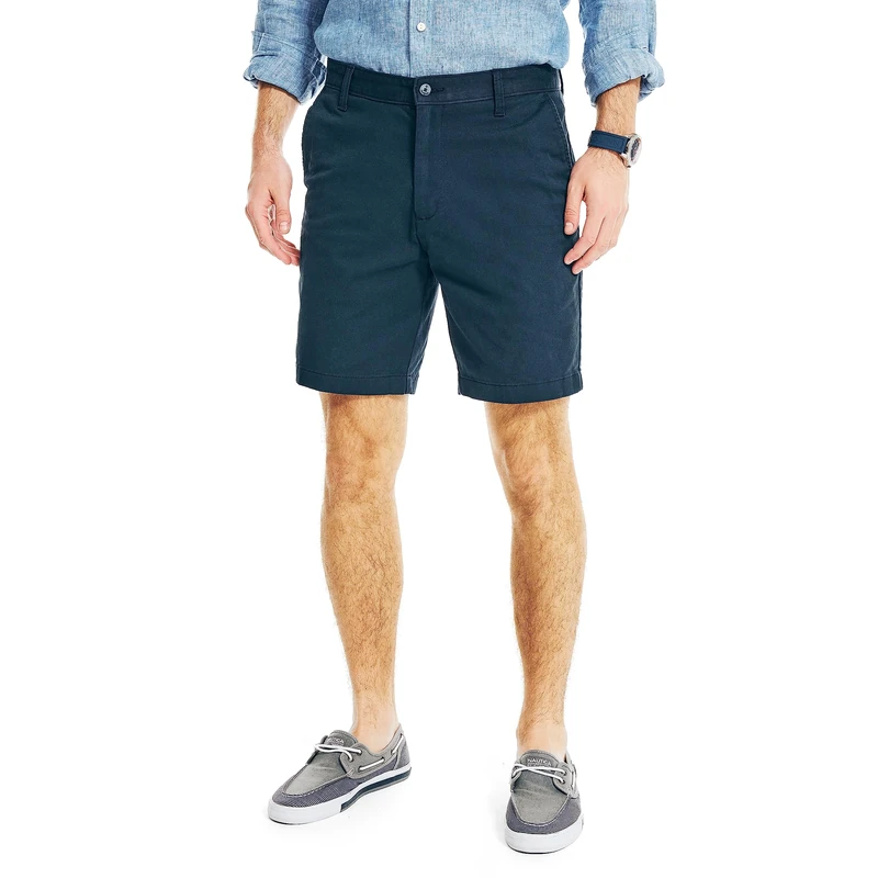 Nautica Men's Classic Fit Flat Front Stretch Solid Chino Deck Short Casual, True Navy, 44 8.5