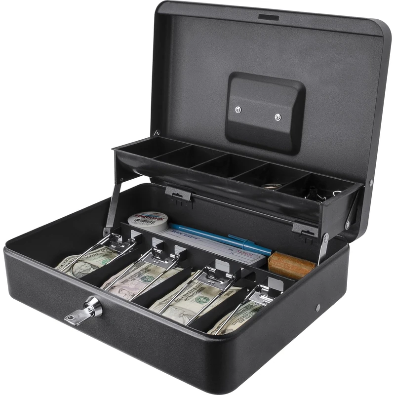 BARSKA CB13054 Key Lock 12" Register Style Cash Box with 4 Bill Holder and 5 Section Tray, Black, 9.5" x 12" x 3.5"