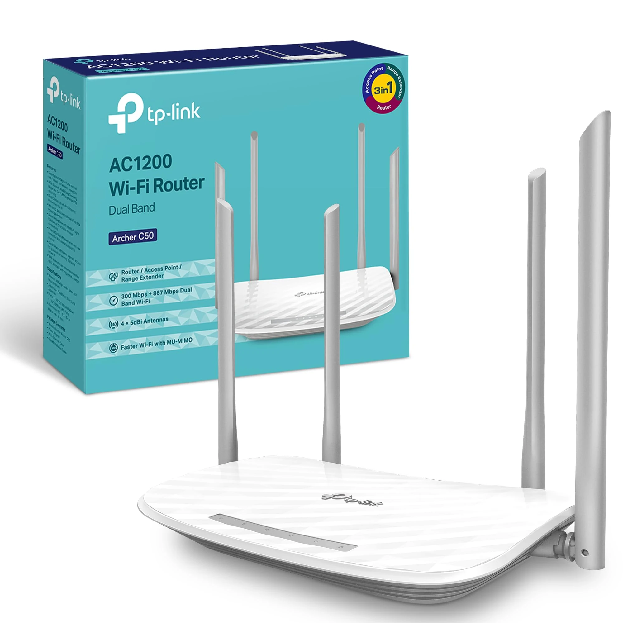 TP-Link Archer C50 AC1200Mbps Wireless Dual-Band WiFi Router, WiFi Speed up to 867 Mbps/5 GHz + 300 Mbps/2.4 GHz, 4+1 Fast Ports, Single-Core CPU, Guest Network, Parental Control, Easy Setup
