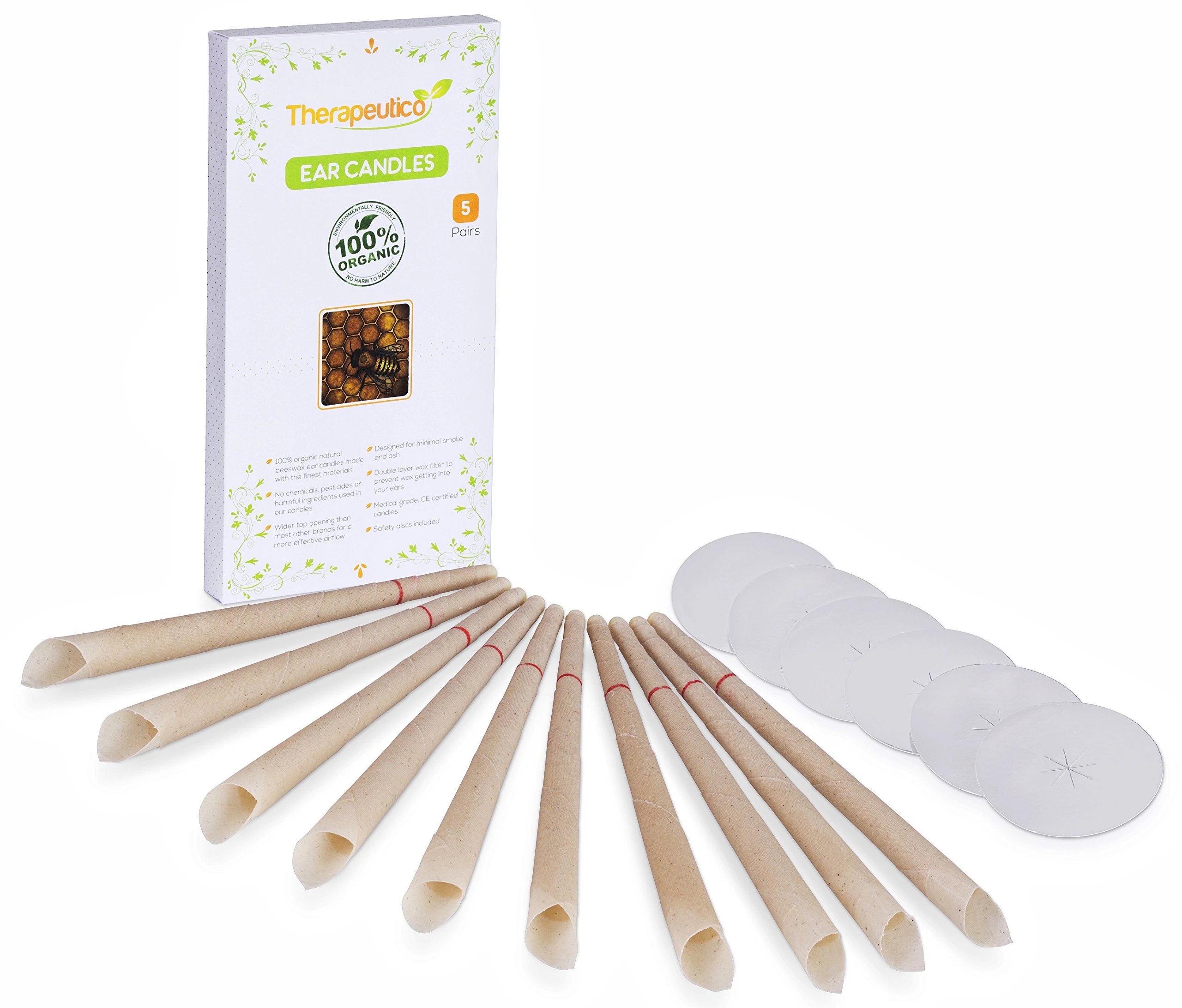 Therapeutico Natural Organic 100% Beeswax Hopi Ear Candles with Free EBOOK |10 Hand-Crafted Candles | Medical Grade with Safety Disc and Double Wax Filter | Relaxing |